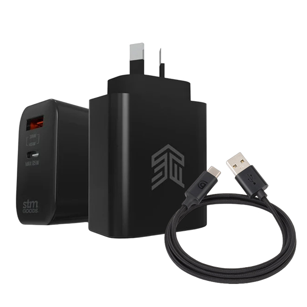 Ultimate Power Combo: STM GaN 65W Dual Port USB-C & USB-A Adapter with Premium Griffin USB-A To USB-C Cable!